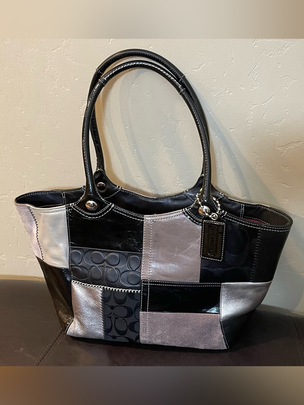 Coach signature Patchwork Tote Black Silver gray Leather tote bag y2k Bleecker